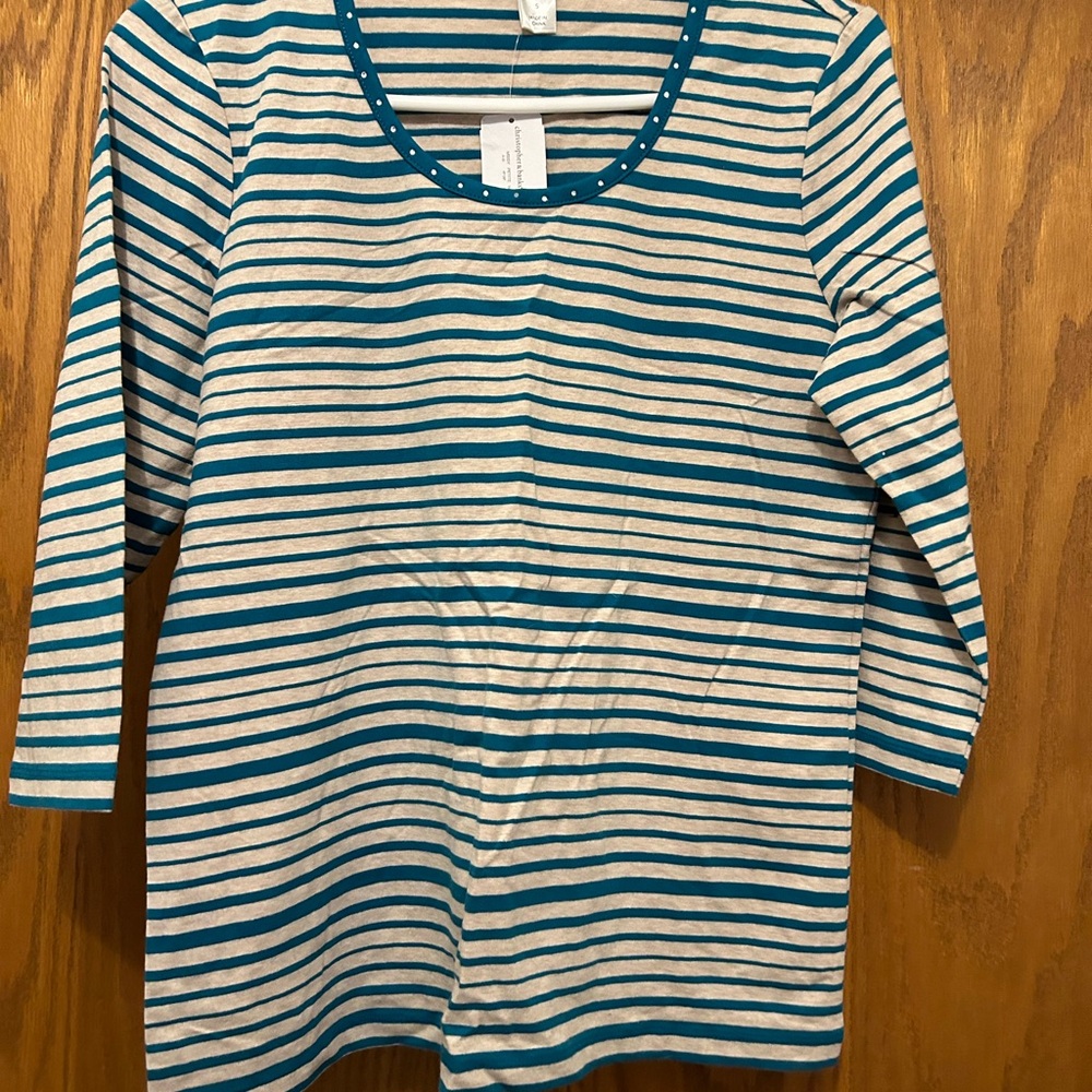 Christopher & Banks Teal and Beige Striped Top